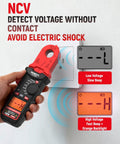 Round Jaw Digital Clamp Meter With NCV And 2000 Counts detecting voltage without contact near an outlet, showing readout.