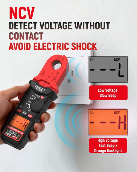 Round Jaw Digital Clamp Meter With NCV And 2000 Counts detecting voltage without contact near an outlet, showing readout.