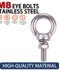 Close-up of M8 stainless steel eye bolt from 5 Pack M8 X 30mm Stainless Steel Eye Bolts With Nuts Flat Washers And Spring Washers Hardware Kit for outdoor hanging and marine rigging.