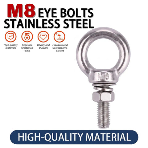 Close-up of M8 stainless steel eye bolt from 5 Pack M8 X 30mm Stainless Steel Eye Bolts With Nuts Flat Washers And Spring Washers Hardware Kit for outdoor hanging and marine rigging.