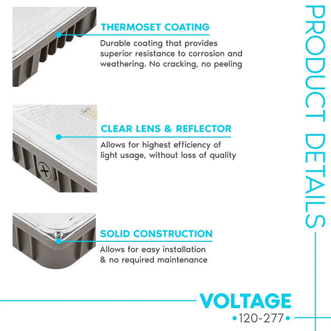 Close-up of Canopy LED Light 70W 8890 Lumens 3 Color Temperature 3000K 4000K 5000K IP65 Waterproof features and details