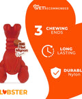 Lobster Shaped Power Chew Dog Toy For Pups And Small Dogs With Triple Chew Ends And Easy Grip Arch Durable For Aggressive Chewers Great For Chewing Teething And Mental Stimulation. Red nylon lobster chew toy with 3 ends