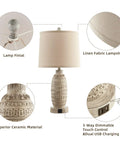 Rustic Dual USB Table Lamps Set Of 2 For Bedroom And Living Room 3 Way Dimmable Nightstand Lamps With Linen Fabric Shades Built In USB Ports Modern Classic Lighting Includes LED Bulbs, shown with linen fabric shade, ceramic detail, and USB port.