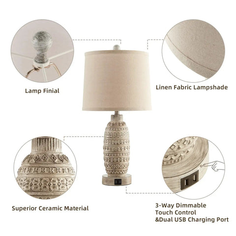Rustic Dual USB Table Lamps Set Of 2 For Bedroom And Living Room 3 Way Dimmable Nightstand Lamps With Linen Fabric Shades Built In USB Ports Modern Classic Lighting Includes LED Bulbs, shown with linen fabric shade, ceramic detail, and USB port.