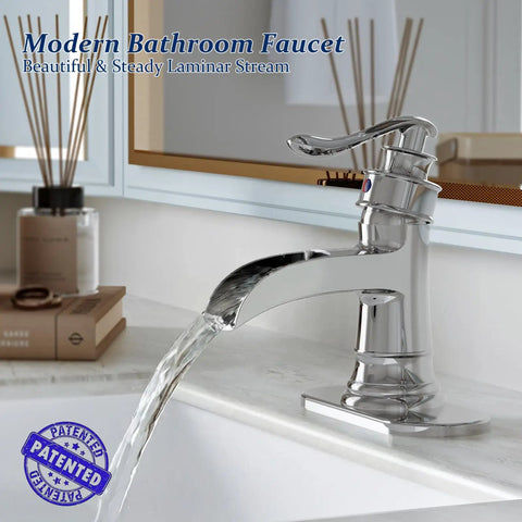 Chrome Waterfall Bathroom Faucet With Single Handle, One Hole Sink Setup, water flowing spout, solid brass, vanity basin installation