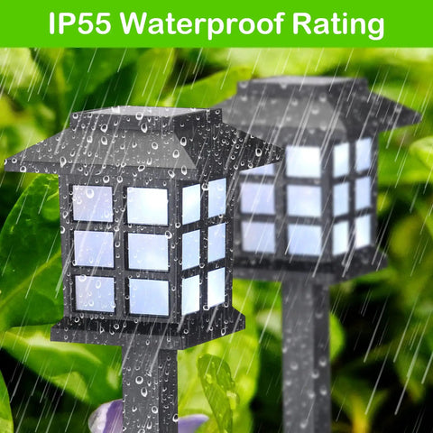 20 Pack Solar Pathway Lights For Outdoors under rain, showing IP55 waterproof LED lighting with cold white glow in garden.