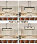 Slick Black 6 Light Linear Chandelier in adjustable heights over a kitchen island with a modern farmhouse design.