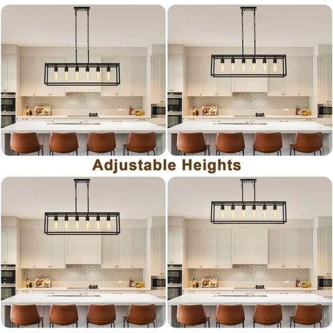 Slick Black 6 Light Linear Chandelier in adjustable heights over a kitchen island with a modern farmhouse design.