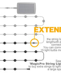 Diagram of Solar String Lights With 15 LED Bulbs Waterproof Outdoor Lights For Garden Yard Deck 44 Ft Length showcasing extension feature.