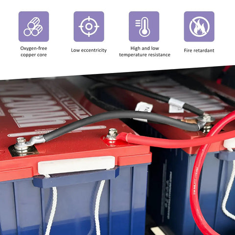 Close-up of Two Package 2 Awg Battery Cables 12 Inch Pure Copper Power Inverter Wires attached to batteries.