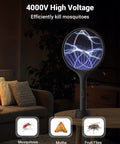 Electric Fly Swatter 4000V Bug Zapper Racket With Dual Modes And Rechargeable Battery Indoor Outdoor Mosquito Killer With Purple Light Easy Auto Zap Great For Home Office Backyard Patio Camping in living room setting with pest examples.