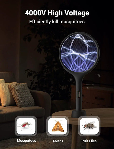Electric Fly Swatter 4000V Bug Zapper Racket With Dual Modes And Rechargeable Battery Indoor Outdoor Mosquito Killer With Purple Light Easy Auto Zap Great For Home Office Backyard Patio Camping in living room setting with pest examples.