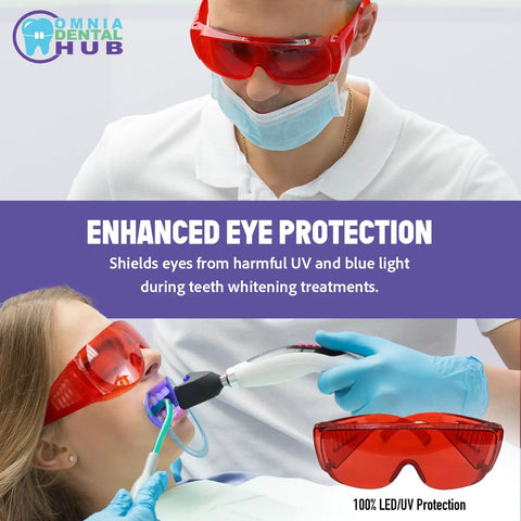 Heavy Duty Dental Laser Safety Glasses With Crisp Orange Lenses And Reliable Anti Fog Coating Tough Polycarbonate Shield 168 Piece Bulk Pack used during teeth whitening.