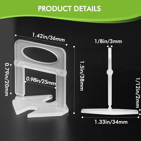 1/8 Inch Tile Leveling Clips Kit 1000pcs Leveler Spacers for DIYers and Pros, showing dimensions and design details