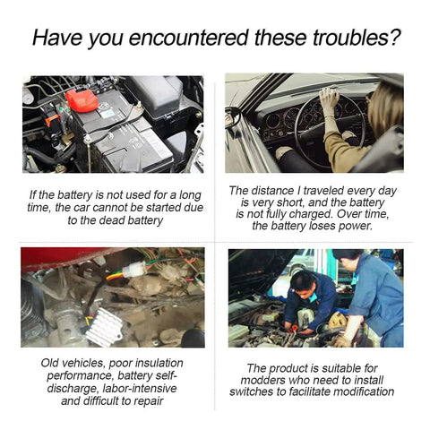 Collage showing battery issues and repair solutions for 4 Way Quick Release Battery Terminal Connectors Set installation.