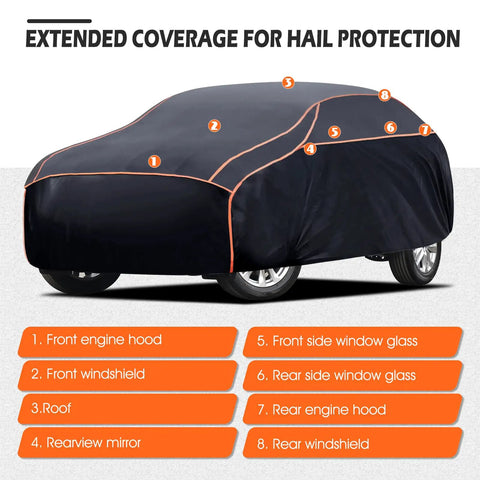 Beefy Waterproof EVA Thickened Hail Protection Car Cover For SUVs 182-190 Inches Fits Toyota RAV4, 4Runner, Honda CR-V diagram