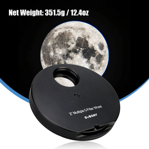 Five Position Telescope Filter Wheel For 2 Inch Eyepieces With Adapter And Lock Ring, showcasing moon view, 351.5g weight