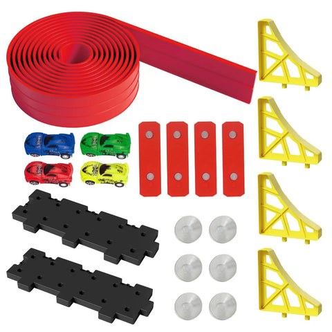Build Anywhere Portable Race Track With Suction Cups 20 Foot Flexible Roll Up Track components including red tracks, cars, and cups