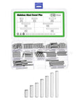 All Purpose Dowel Pin Set Kit, 110 Pieces, 7 Sizes In 304 Stainless Steel, Durable Rust Resistant Pins For Shelves, Cabinets, And DIY Friendly Fastening Projects, Assortment Pack In Silver, open case with size chart