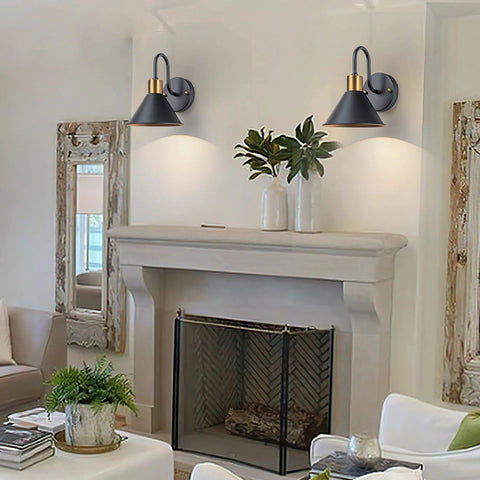 Battery Operated Wall Sconce Set With Remote, Black Farmhouse Gooseneck Barn Lights, over a living room fireplace