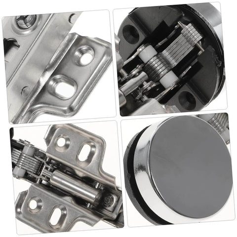 Close-up of four pack soft close glass door cabinet hinges with damping, cold rolled steel, for frameless cabinets, kitchen bathroom use.