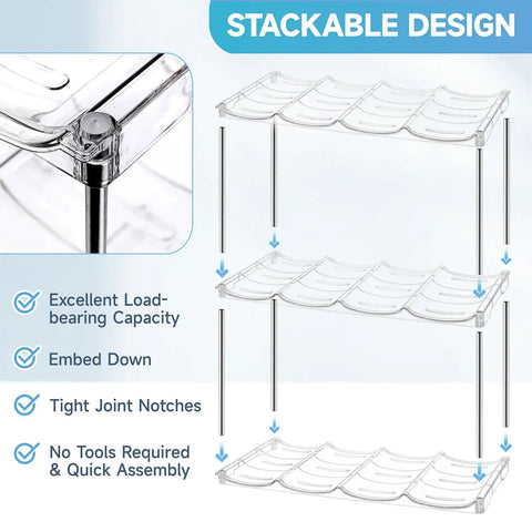 Stackable design of Top Shelf Large Water Bottle Organizer Rack Holds Up To Twelve Tumblers With Wide Five Point Nine Gaps.