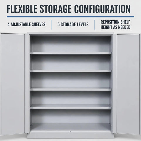 All Steel Tool Storage Cabinet With Adjustable Shelves For Garage And Workshop, Heavy Duty Metal Cabinet To Keep Tools, Hardware, And Supplies Neatly Organized In A Stable Enclosed Unit. open cabinet with 4 adjustable shelves and 5 storage levels