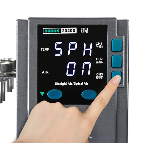Close-up view of control panel on High Power Hot Air Rework Station 700W With Quick Change Nozzle Bracket, 212F To 932F Range, 110V.
