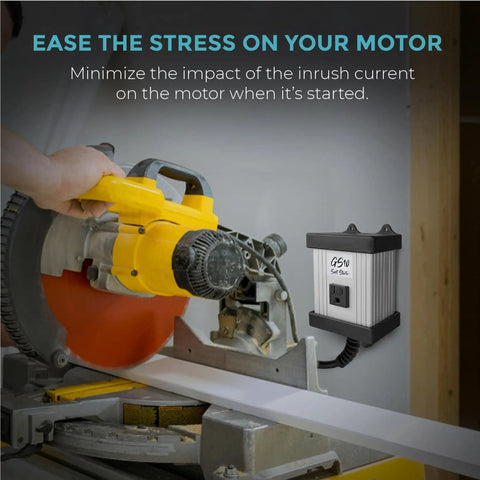 GS10 Soft Starter For Power Tools Universal Inrush Guard next to a miter saw demonstrating startup protection use in workshop