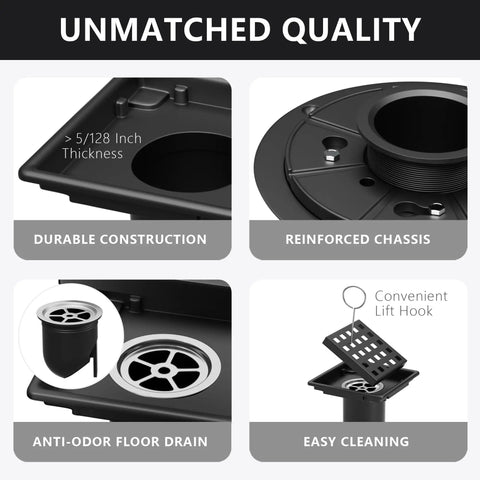 Slick Top Shelf Four Inch Square Shower Drain With Solid Stainless Steel Frame And Removable Hair Catcher display showing durable construction and anti-odor features.