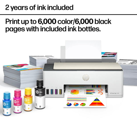 Smart Tank 5000 Wireless All In One Ink Tank Printer With Scanner And Copier, Two Years Of Ink Included displayed with ink bottles