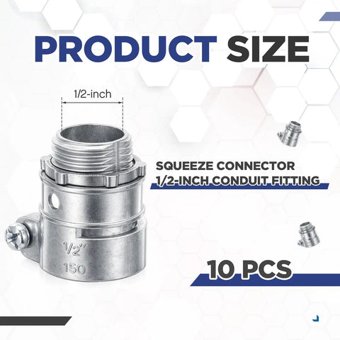 10-Pack Of Top-Shelf 1/2-Inch Squeeze Connectors For FMC And EMT Conduit Wiring, detailed view of a single gray 1/2-inch metal squeeze connector.