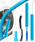 Pro Grade Four Piece Dryer Vent Cleaning Kit with flexible vacuum hose, lint brushes, crevice tool, and universal adapters next to dryer.
