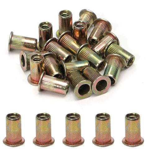 100pcs zinc-plated carbon steel rivet nuts with knurled cylindrical body and flange for 1/4-20 threads