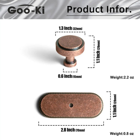 Antique Copper Cabinet Knobs With Backplates Set Of 6 Zinc Alloy Drawer Pulls With Spacer For Cabinets And Dressers Vintage Copper Single Hole Screws Included, showing knob and backplate dimensions.