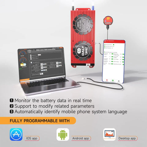 Smart BMS 4S 12V 100A LiFePO4 Battery Protection Module with UART Bluetooth Monitoring, shown with laptop and phone apps.