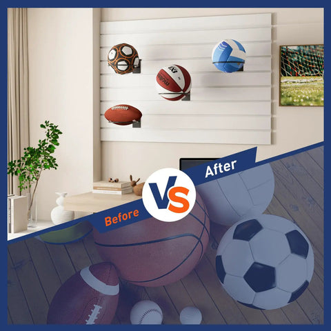Six Pack Slatwall Ball Holder Steel Ball Rack For Basketball Football Soccer Volleyball Storage, Heavy Duty Slatwall Accessory With Rust Resistant Finish displayed on wall.