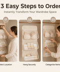 Pink Mesh Storage Hanging Bag With 360 Swivel Hook and Expandable Double Layer Closet Organizer showing arrangement steps for bras and socks.