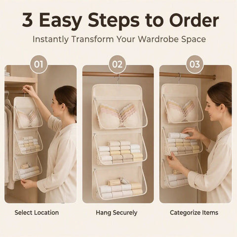 Pink Mesh Storage Hanging Bag With 360 Swivel Hook and Expandable Double Layer Closet Organizer showing arrangement steps for bras and socks.