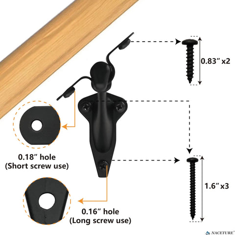 Diagram showing Sturdy 3 Inch Black Handrail Brackets for Stairs with screw measurements and wooden rail attachment.