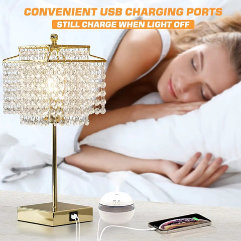 Crystal Touch Table Lamp With USB C And USB A Ports Dimmable Bedside Nightstand Light Gold Finish Crystal Shade Tap Control Bulb Included