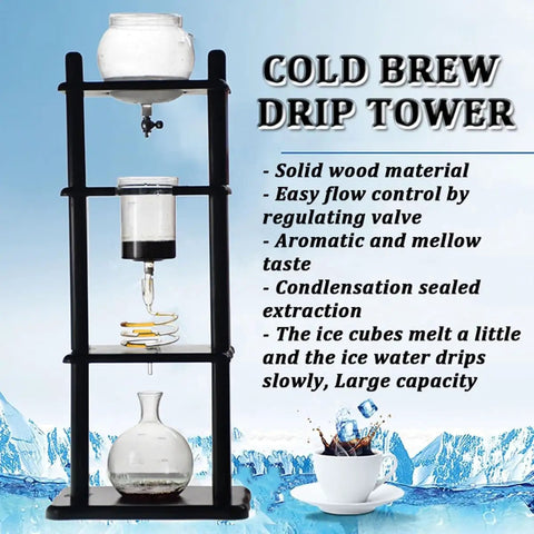 Badass Cold Brew Coffee Maker With 1000ml Ice Reservoir And Adjustable Dripper System, solid wood and glass construction.