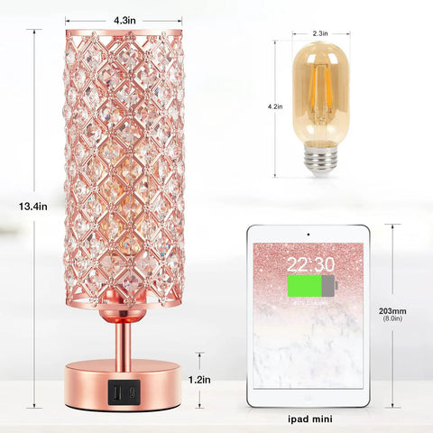 Rose Gold Crystal Table Lamp With 3 Way Dimmable Touch Control And USB C And USB A Ports, showing dimensions and bulb size