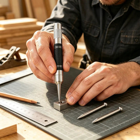Kickass Five Inch Automatic Center Punch With Heavy Duty Rustproof Steel Body Adjustable Spring Tension And Two Extra Bits For Hella Precise Marking On Iron Or Wood In Your Project, marking a metal block.