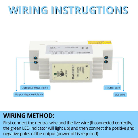 Compact 15W 24V DC DIN Rail Power Supply With AC To DC Input 100 240V 50 60Hz Slim Beefy Industrial Grade Built With EMI Filter And Pure Copper Transformer For Rock Solid Automation wiring instructions showing live, neutral, and DC output terminals