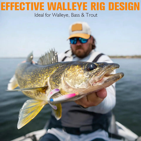 Angler holding fish with Crawler Harness Walleye Rigs With Dual Wing Blade Inline Float Glow Beads Fluorocarbon Worm Harness