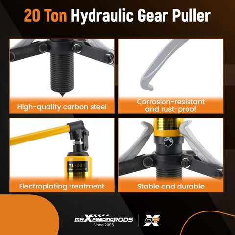 20T Hydraulic Gear Puller Kit With 2 Or 3 Jaw Puller showing carbon steel construction and corrosion resistance.