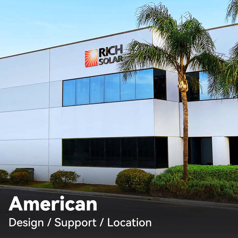 Exterior view of Rich Solar building featuring modern design and palm trees, reflecting off large windows.