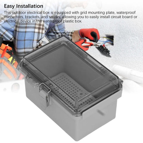 Heavy Duty ABS Electrical Enclosure Box With IP67 Waterproof Rating For 100x150x90mm Distribution Setup with transparent lid and grid mount plate.
