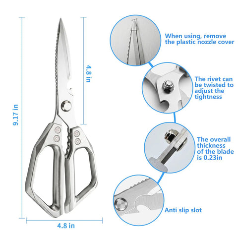 Heavy Duty Kitchen Scissors Stainless Steel Razor Sharp 2.0mm Japanese Stainless Steel Blades For Poultry Bones Herbs And Tough Cuts, Mirror Polished Durability, A Real Workhorse For Everyday Kitchen Tasks. 9.17in stainless steel scissors with 4.8in blade details